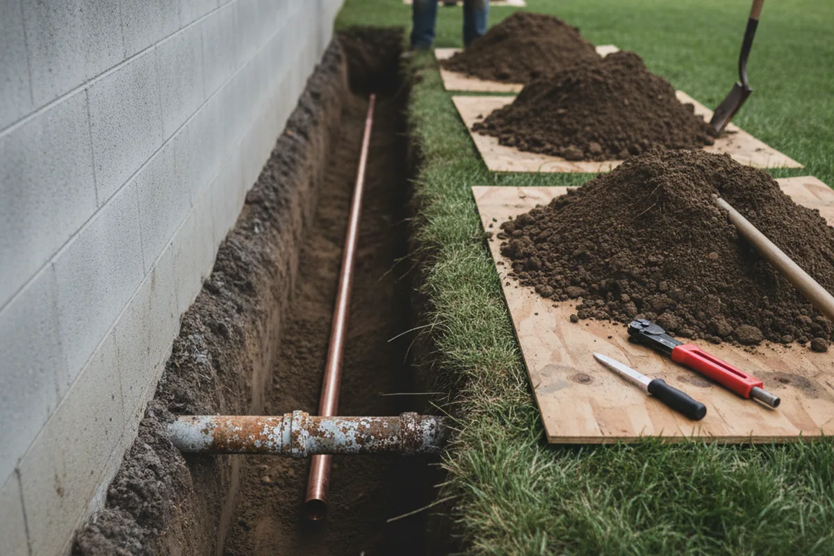 Excavated water line trench during Water Heater Repair in Circle Pines